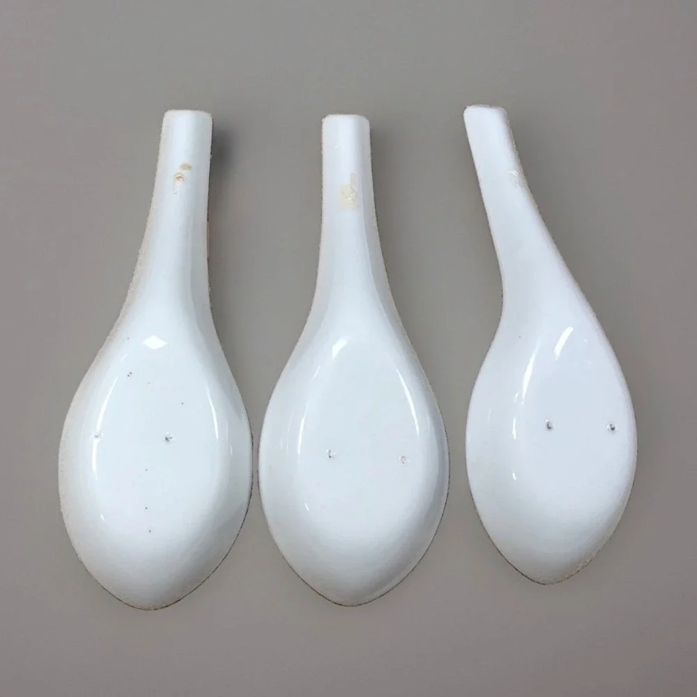Chinese Porcelain Soup Spoons Pagoda Cherry Blossom Hand Painted Vintage Set/3